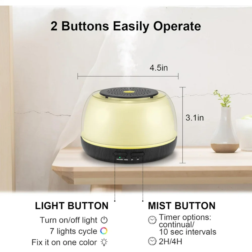 500ML Essential Oil Diffuser - 8-Hour Aromatherapy with Remote Control, 7-Color LED Lights, 4 Timer Settings for Home