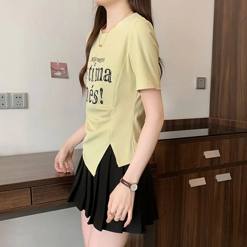 Korean Basic Letter Printed Pullovers Women's Clothing Fashion Folds Irregular Summer Short Sleeve Casual Asymmetrical T-shirts