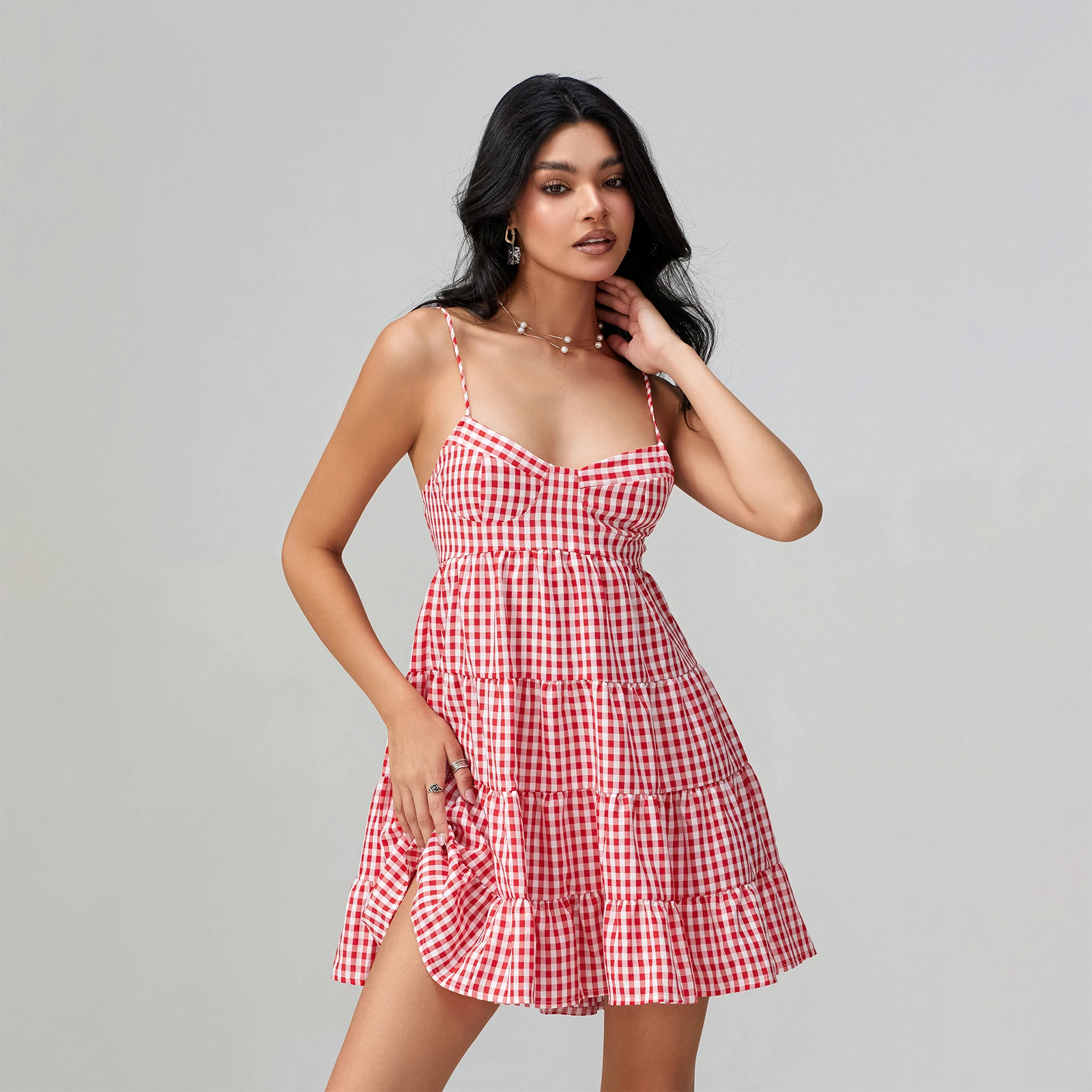 Nuove donne di moda cinturino per spaghetti abito Cami plaid scollo a cuore orlo a strati allacciatura posteriore abiti corti vendita calda SML