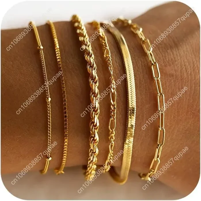 

Gold Bracelets for Women Waterproof, 14K Real Gold Jewelry Sets for Women Trendy Thin Dainty Stackable Cuban Link Paperc