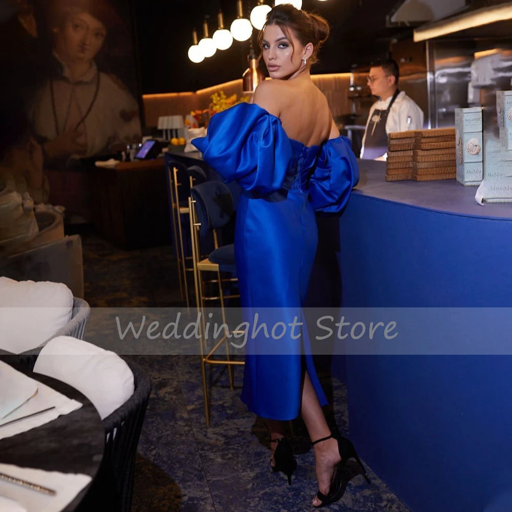 Satin Cocktail Dresses for Women Dark Blue Off the Shoulder Cocktail Gown Midi Tea Length Sweetheart Puff Sleeves Evening Dress