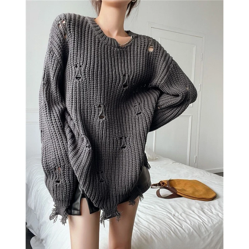 Hole Loose Lazy Style Pullovers Top Autumn Winter New Long Sleeve Solid Hollow Out Casual Sweaters Fashion Trend Women Clothing