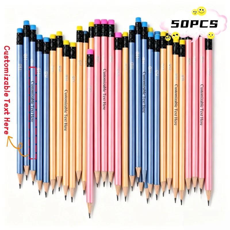 50PCS customizable erasable pencils with HB lead featuring custom logo options Ideal for sketching painting and study supplies