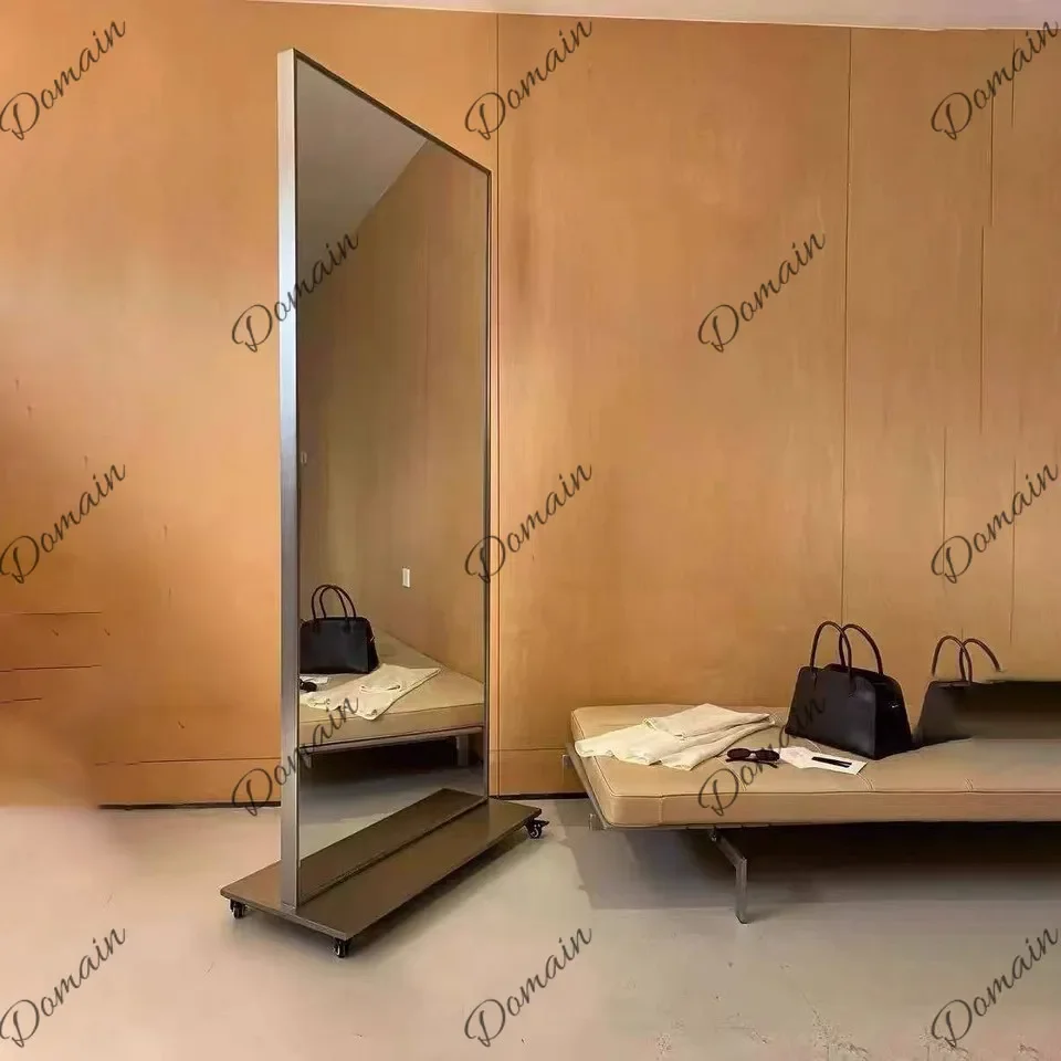 X46 Simple Modern Clothing Store Thin Full Body Mirror Stainless Steel Beauty Fitting Mirror Movable Anti-fingerprint Floor Mirr