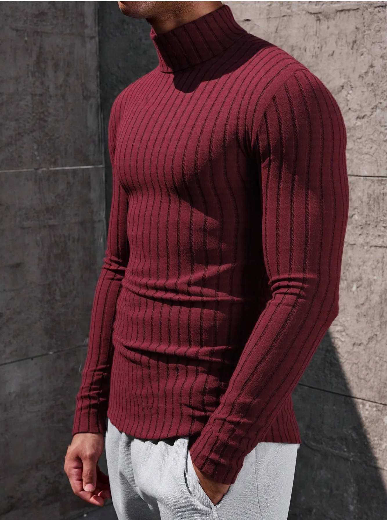 Herren Rollkragenpullover mit Langen Ärmeln, Vertikal Gestreift, Schlanke Passform, Gerippter Strickpullover, Lässiger Stretch-Unterzieher – Detail 2