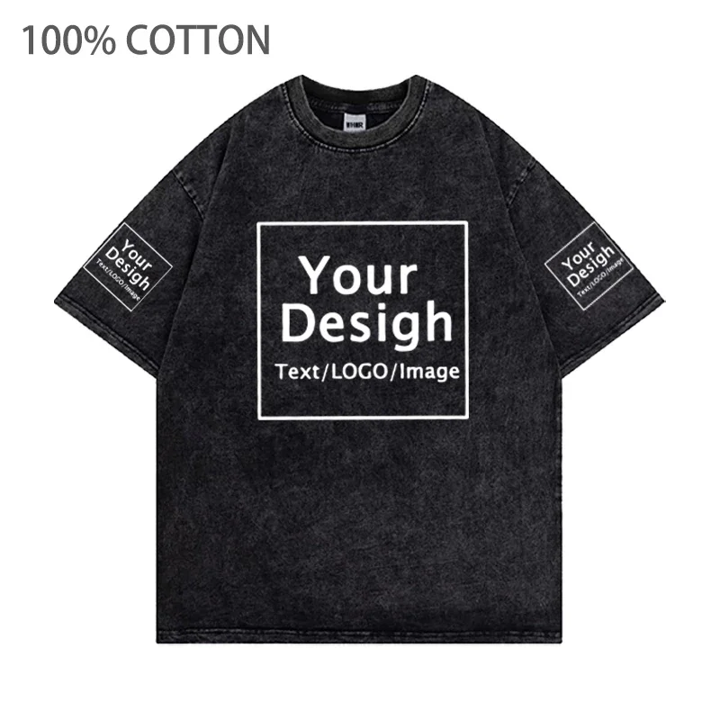 Custom Your OWN LOGO Hip Hop Streetwear Summer 100% Cotton T-shirts Men\'s Oversized DIY Personalized Retro Washed Short Sleeves