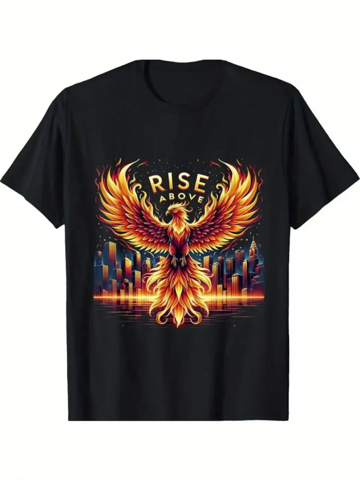 [100% Cotton Graphic T-Shirt] Men's Phoenix Fire Graphic T-Shirt - 100% Cotton Casual Short Sleeve Tee with Vibrant Mythical Bird & NYC Skyline Design, Regular Fit, Machine Washable, Perfect for Outdoor Sports & Holiday Gifts
