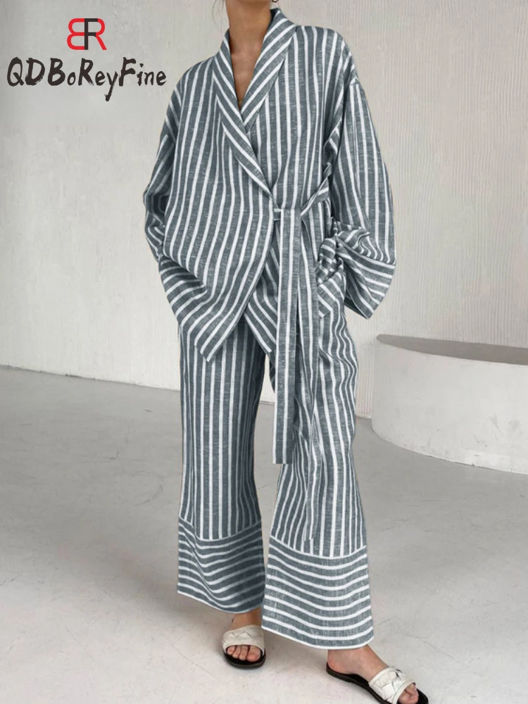 

Элегантные женские костюмы trustsuit, новинка, Осенние полосатые комплекты оверсайз с длинным рукавом на шнуровке для женщин, модные комплекты с брюками для отдыха, 2 предмета