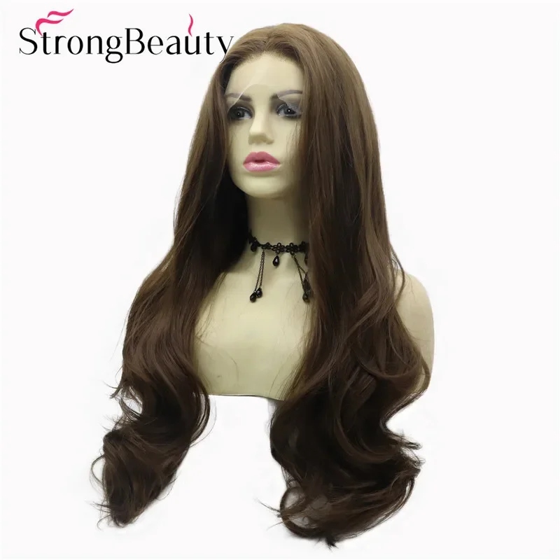 StrongBeauty Long Wavy Lace Front Synthetic Wigs Light Chestnut Brown Women Wig Heat Resistant Hair