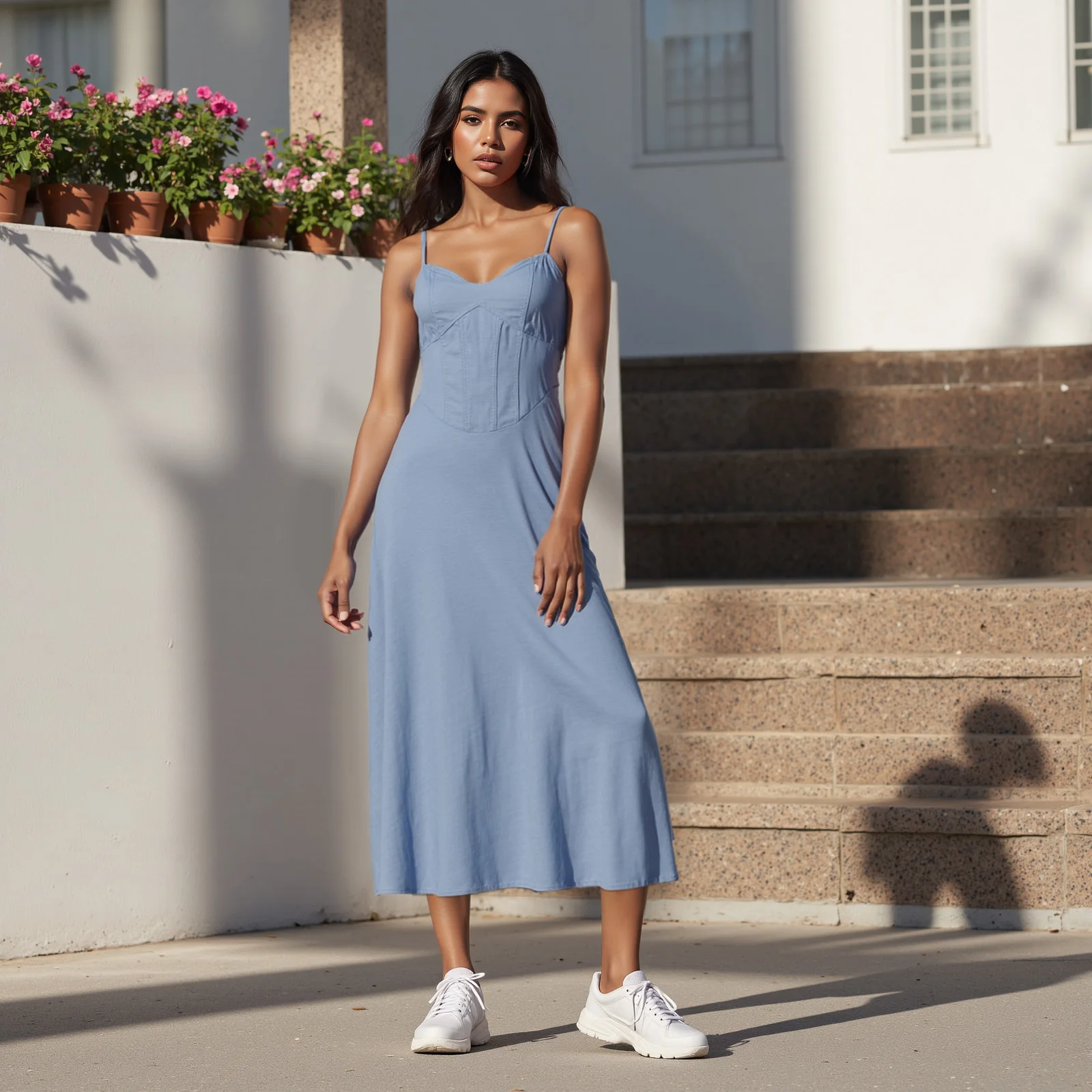 Vestido longo jeans feminino sem mangas alça espaguete smocked nas costas vestido jeans vestido de férias