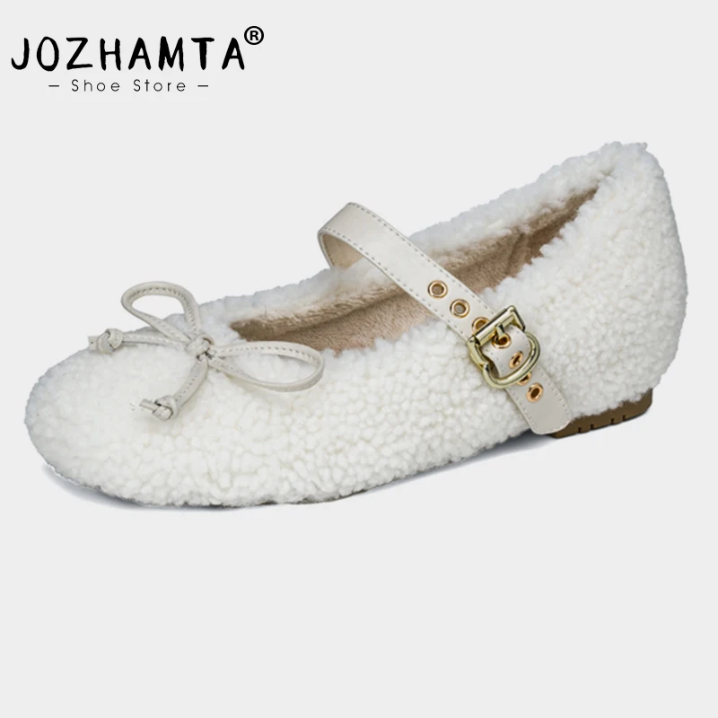 JOZHAMTA Size 34-39 Winter Wool Ballet Flats Shoes For Women 2025 Cute Bow Casual Plush Fur Furry Shoes Home Daily Dress Shoes