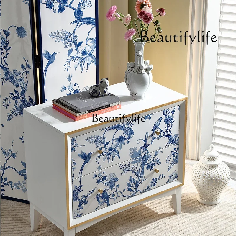 

yj32 Blue and white porcelain white solid wood multi-purpose entrance cabinet storage storage decorative cabinet small bucket ca