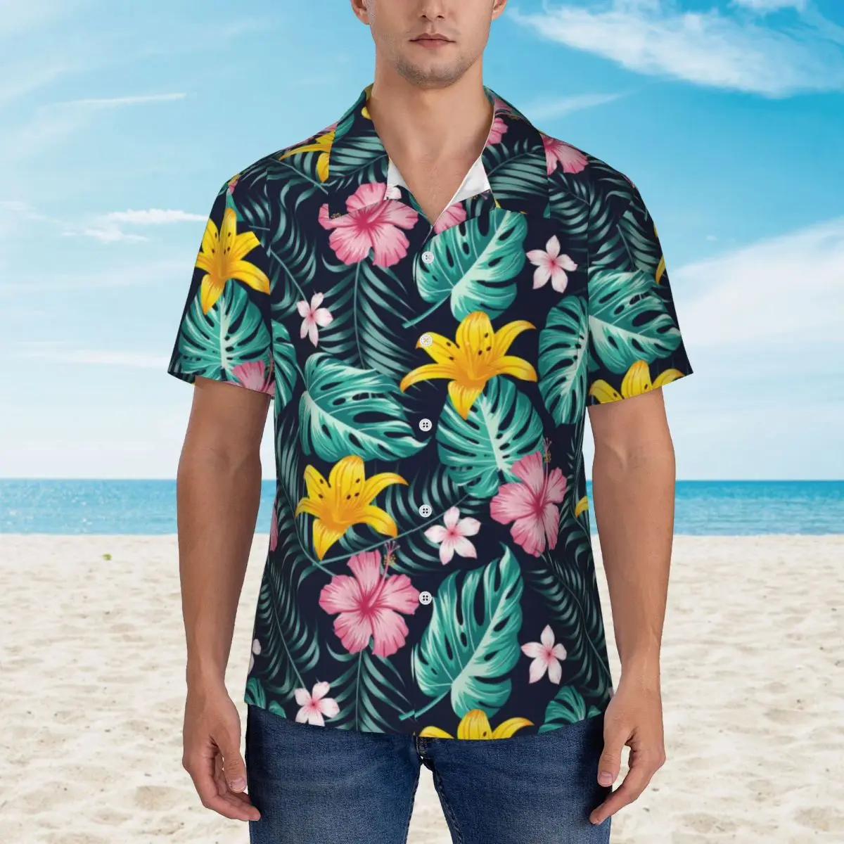 

Hibiscus Flower Casual Shirt Palm Leaves Print Trendy Hawaiian Shirts Man Short Sleeve Beach Fashion Design Oversize Blouses