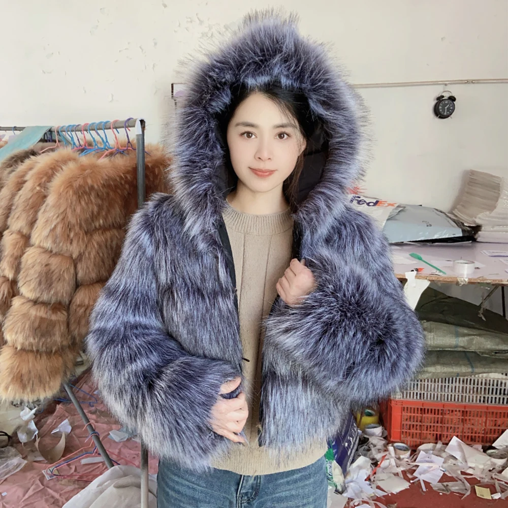 

HOOOFUR Faux Fur Coat Silver Fox Women's Jacket Winter Fashion Warm Thick Fox Leather Brown Especially Fake Fur Cold Coat