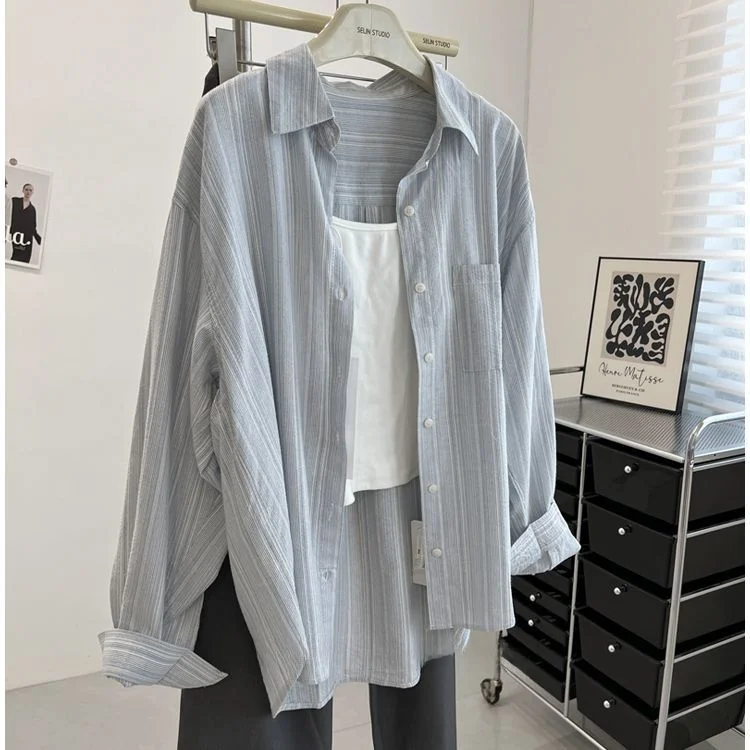 New Design Thin Blue Cotton Linen Striped Summer Shirt Casual Loose Top Sun Protection Summer Casual Outerwear Versatile Wome...