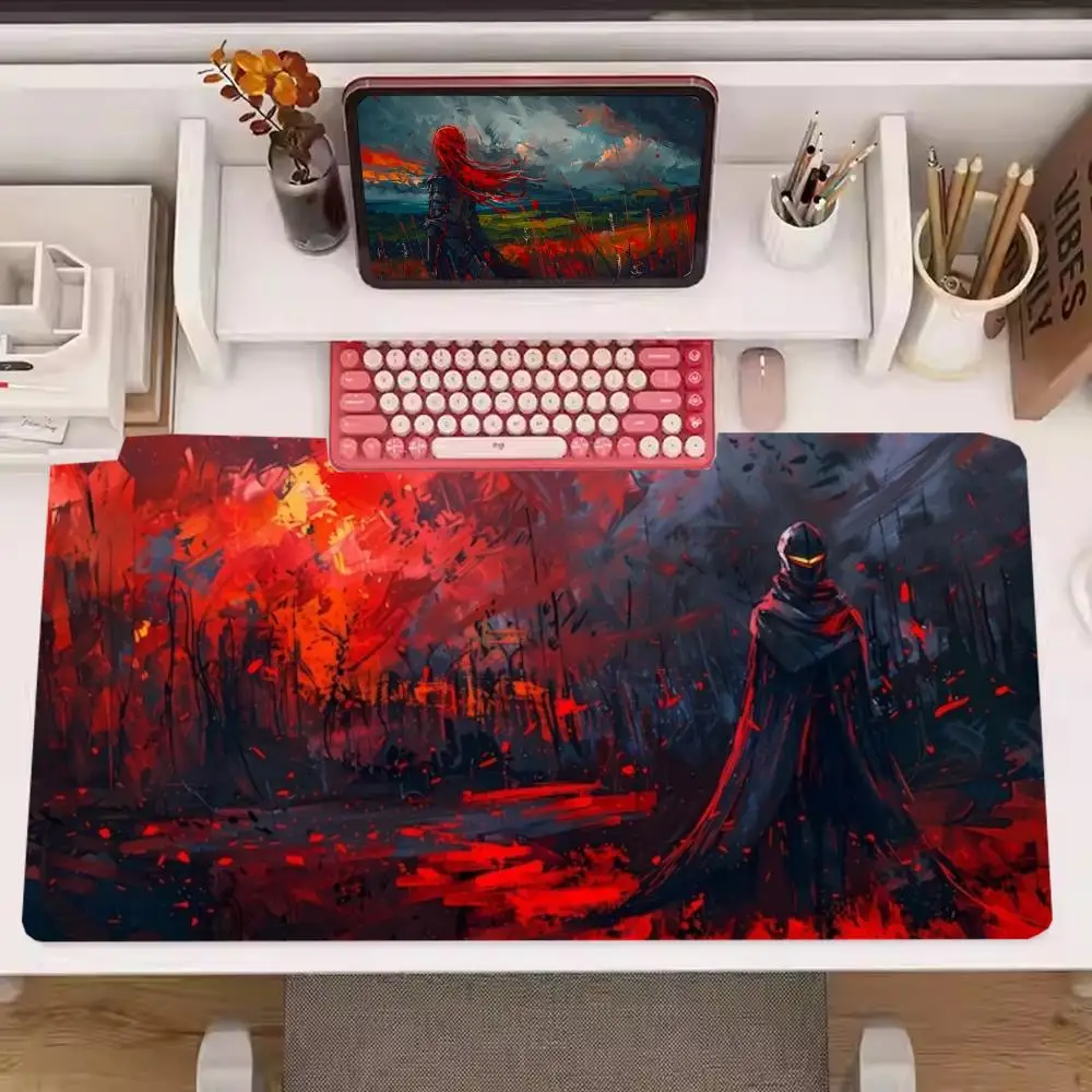 Fiery Red Hell Landscape Lone Dark Warrior Figure Mouse Pads Designed For Competitive Laptop Games