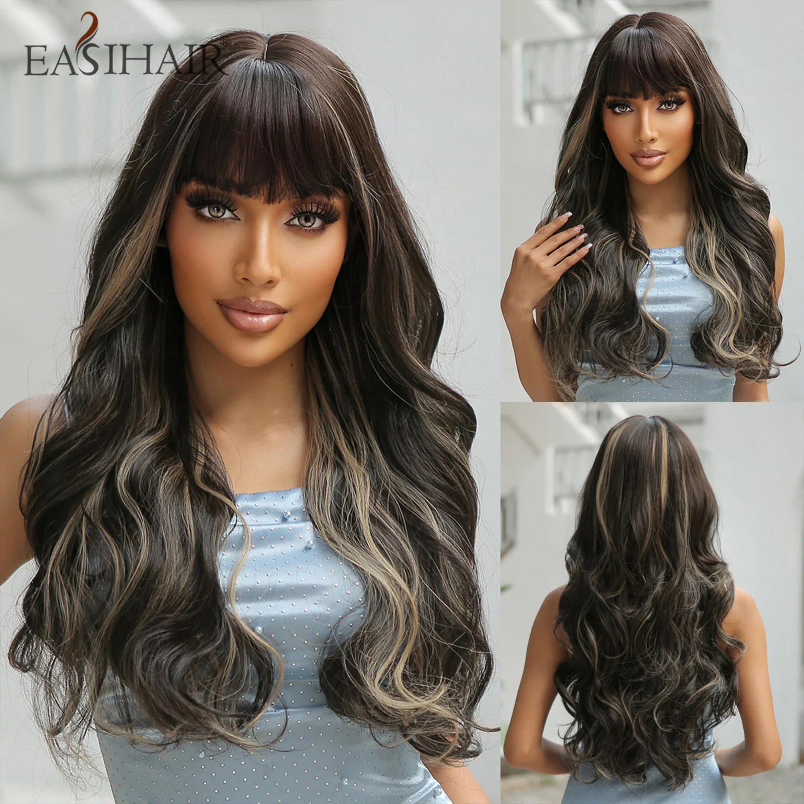 

Синтетический темно-коричневый длинный волнистый парик с челкой, светлые натуральные волосы с хайлайтером, парики для чернокожих женщин, афро, термостойкие