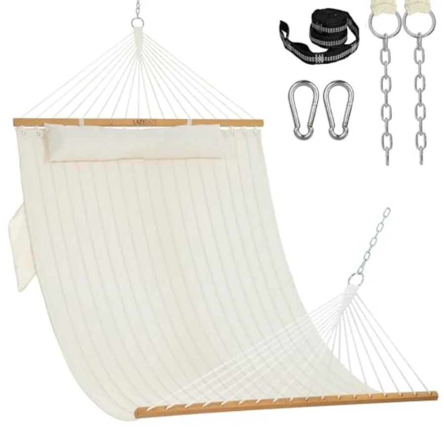

Outdoor 2-person double quilted fabric hammock with spreader bar, detachable pillow, side pocket, carabiners, chains, straps; n