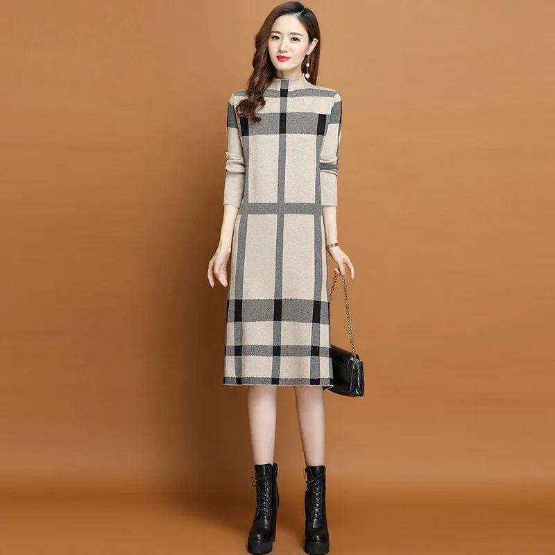 Autumn Winter Plaid Striped Knitted Dresses Women\'s Clothing Over Knee Patchwork Contrast Style Vintage Wool Dresses