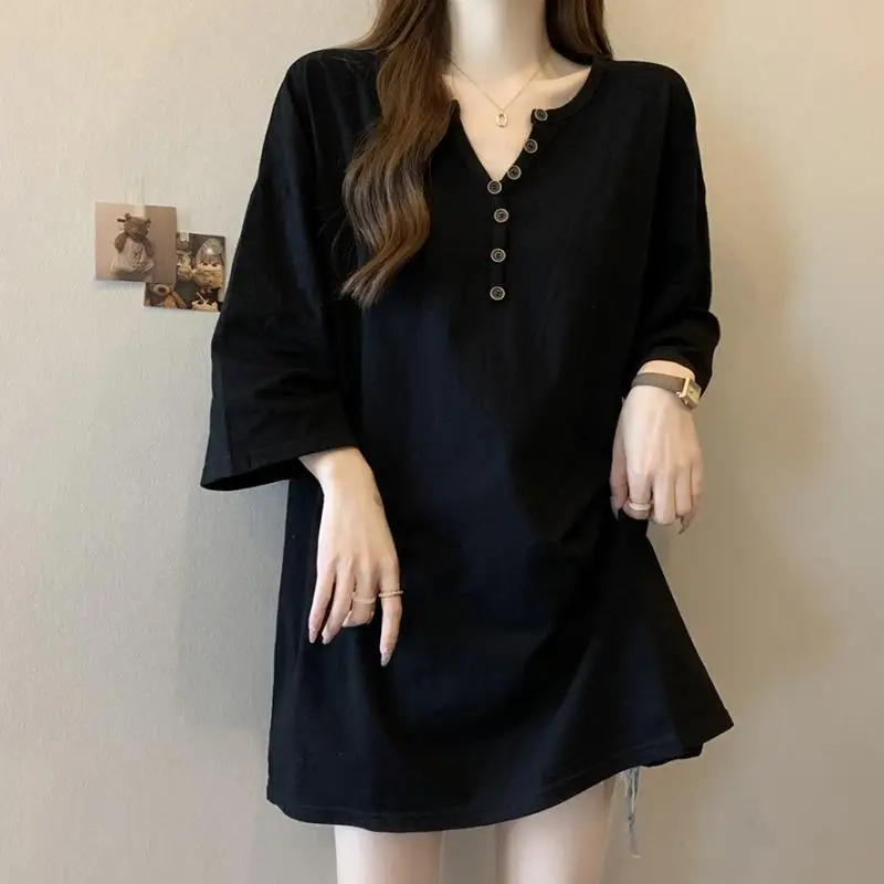 

300 Pounds Extra Large Women's Clothing Summerr New Mid Length Half Sleeves T-shirt for Women Casual Loose V-neck Versatile Top