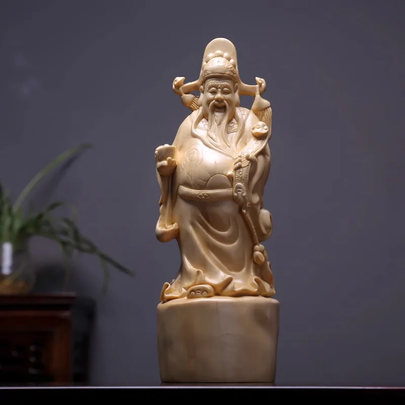 Finely Carved Cypress Wood God of Wealth Statue, Ingots Ruyi Lucky Home Temple Buddha Idol Ornament Decor