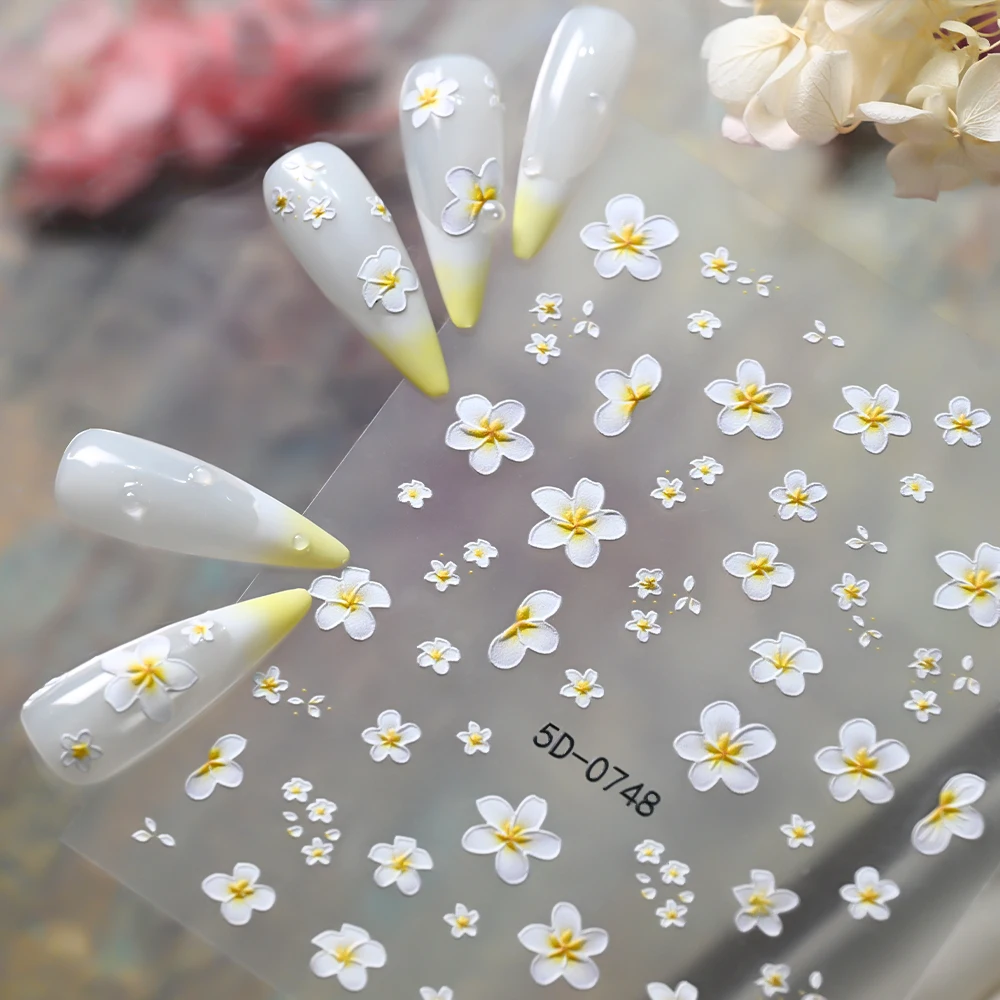 

5D Relief Bright Frangipani Nail Art Sticker Spring Summer Cute Flowers Nail Decals Self-adhesive Lily Floral Manicure Decoratio