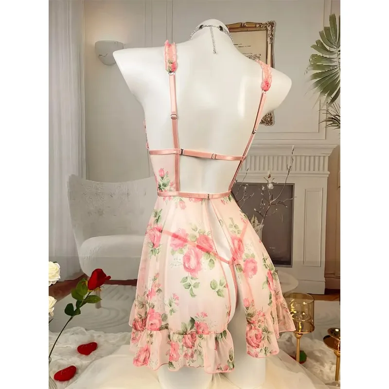 Sexy Lingerie Women's Seduction Mesh Floral Ruffle Edge Sexy Nightgowns Sleepshirts Perspective Pajama Set