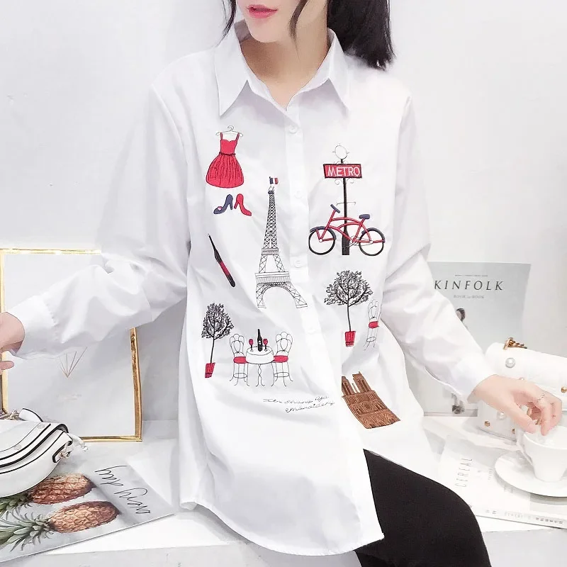 2024 New Casual Button Up Turn Down Collar Female Blouse White Women\'s Shirt Long Sleeve Cotton Embroidery Office Lady Tops 5083