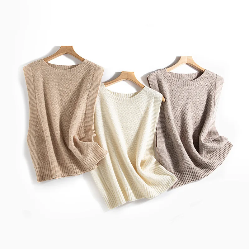 

Autumn 100% Wool Sweater Vest Women Round Neck Loose Sleeveless Outerwear Knitted Vest