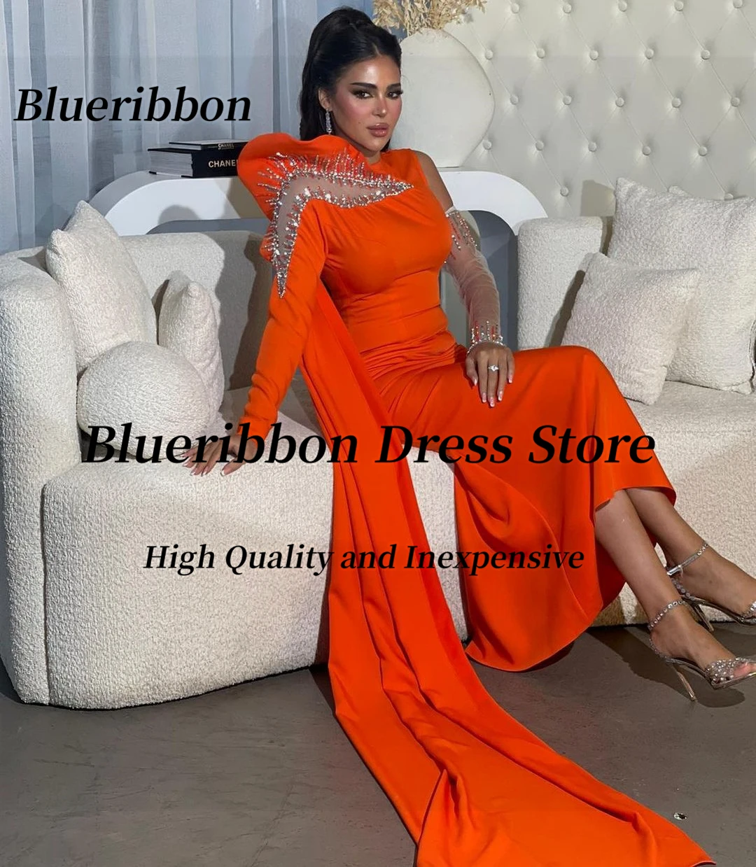 Blueribbon 2024 Newest Prom Dresses Long Sleeves Beaded Vestidos Des Birthday Party Saudi Arabia Women Wear Evening Dress