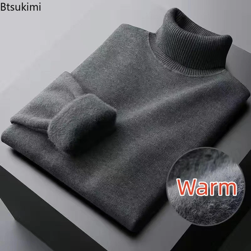 

New2024 Men's Winter Warm Sweaters Tops Plush Thicker Knitted Pullover Fashion High Collar Solid Slim Fit Man Tops Men's Sweater