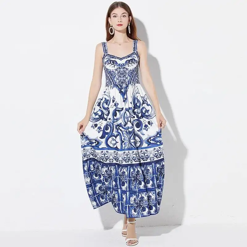 Runway Summer Holiday Long Dress Boho Women\'s Strap Blue And White Porcelain Print Sexy Sundress Elastic Backless Vestidos Robe
