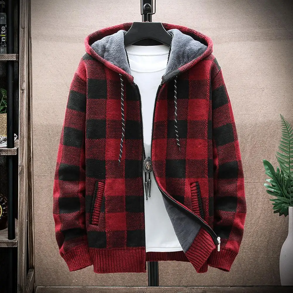 Men's Plaid Hooded Winter Sweater Cardigan Thick Plush Plaid Print Zip-up Jacket Winter Knitwear Fleece Checkered Knit Jumper