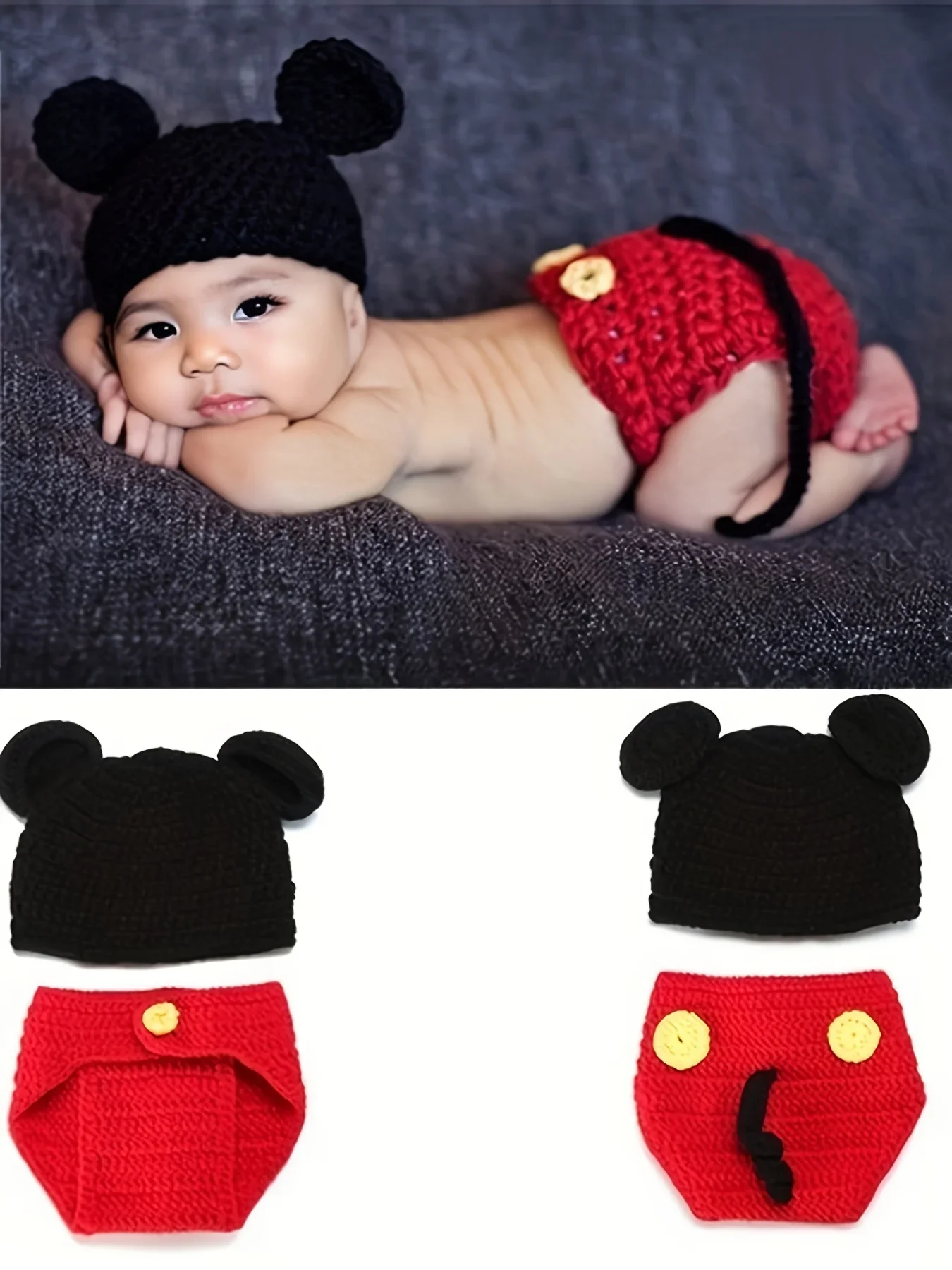 Adorable Cartoon Mickey Baby Knit Hat & Romper Set Cozy & Photogenic Baby Boy Girl Dress Romper Outfit Baby Costume Hand-knitted