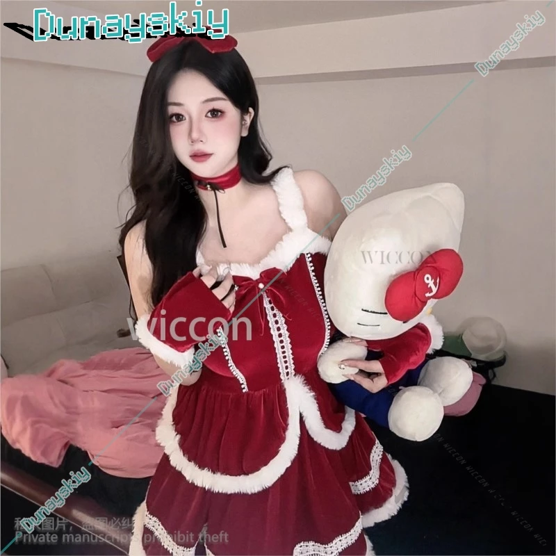 Robe de demoiselle d'honneur Anime Lolita Cosplay pour filles, peluche mince rouge sexy, costume personnalisé, père Noël mignon pour dames, Cos de Noël, nouveau, 2024