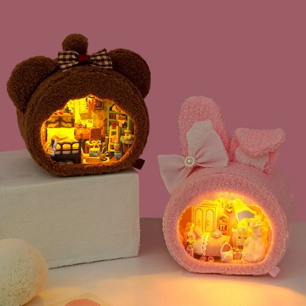 Handmade DIY Mini Wooden Dollhouse Warm Glow Craftsmanship Small House Making Kit Plush LED Lamp Cute Miniature Building Toys