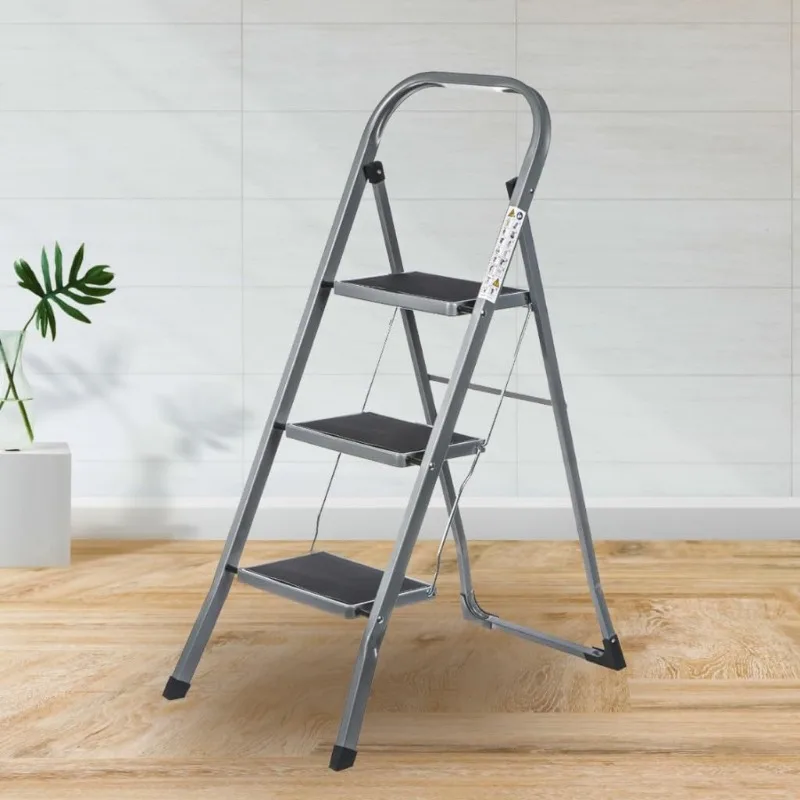 3 Step Ladder with Handrail, Foldable Step Stool, Anti-Slip Pedals, Sturdy Lightweight Steel, 330lb Capacity, Silver