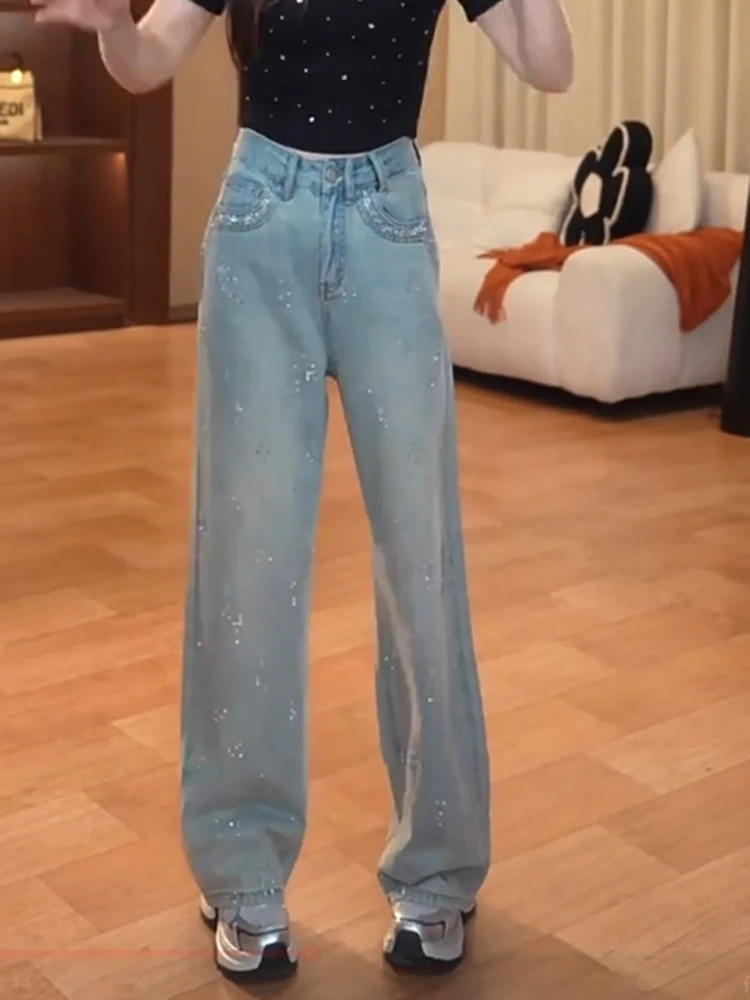 

Джинсы женские с высокой талией, уникальный дизайн, модные, со стразами, прямые брюки, весна 2025, повседневные, стильные