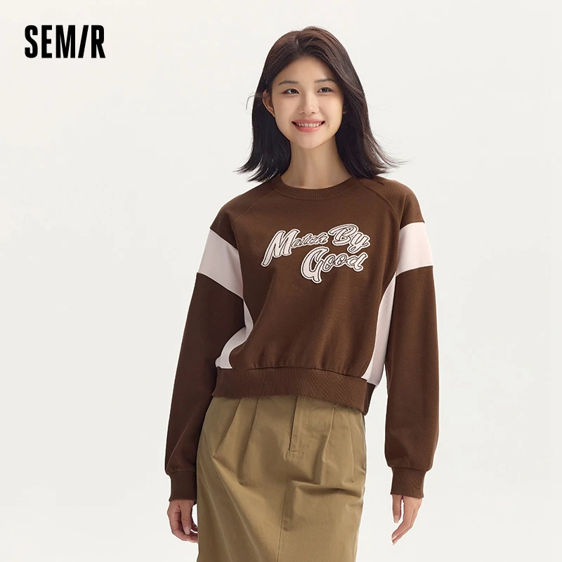 Semir Sweatshirt Women Short Oversize Letter Embroidery Fashion Pullover Autumn Round Neck Color-Blocking Retro Clothes