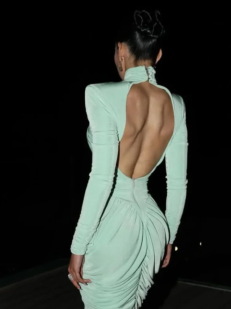 Vestido largo plisado liso con hombros anchos para mujer, elegante vestido ajustado de manga larga con espalda descubierta, Vestidos de calle para vacaciones de verano