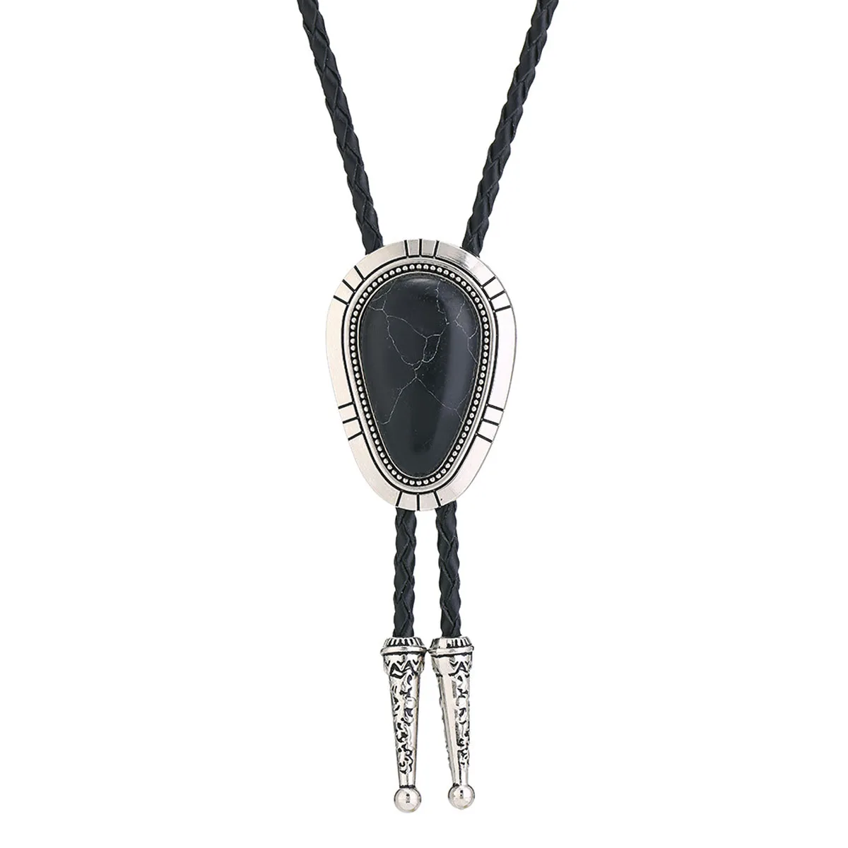 Western Cowboy Retro Mode Tropfenförmiger Metallkanten-Stil Schwarzer Obsidian Herren Bolo-Krawatte – Detail 5