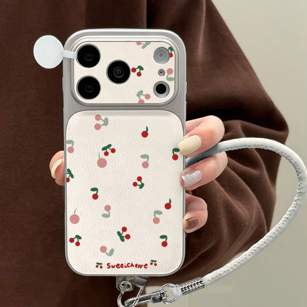 Niedliche Kirsch-Leder-Handyhülle für iPhone 17 Pro Max 12 15 16 13 14 11 Pro Max Stoßfeste Schutzhülle mit Trageriemen