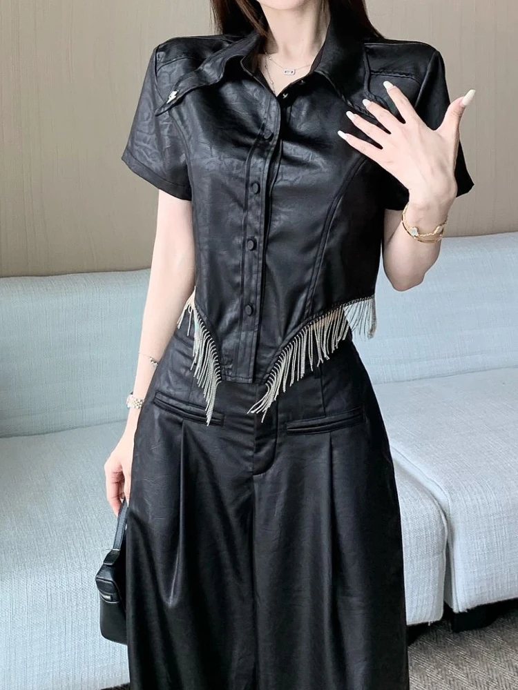 

Summer fashion tassel patchwork polo collar single breasted short sleeved and wide leg pants women casual street suit