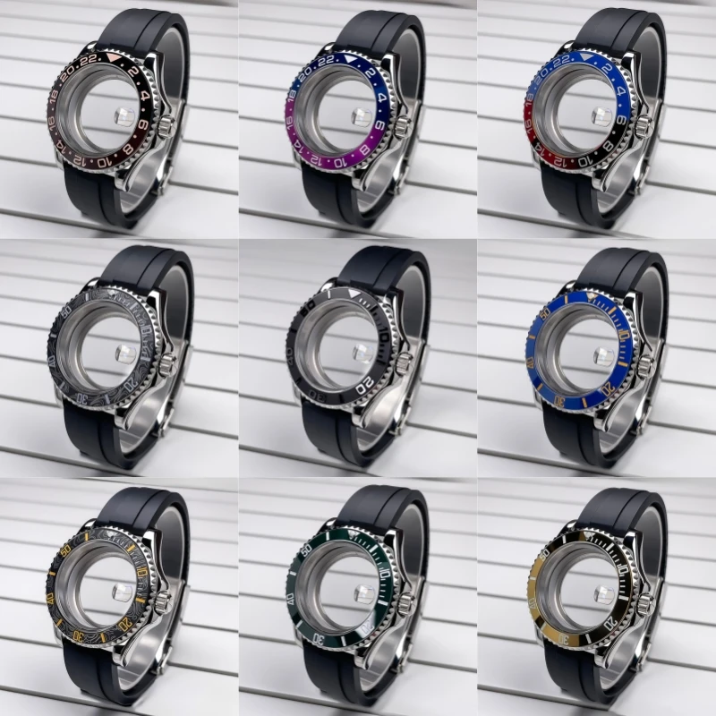 40mm YM NH35 Case Two-Way Rotating Bezel GMT Rubber Strap Modification Sapphire Glass For NH35 NH36 NH34 Movement Watch Case