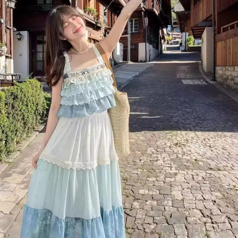 

2025 Summer Two Piece Set Women Tiered Bustier Top Lace Trim Skirt Set Schoolgirl Outfit Kawaii Sweet Lolita Fashion Coord Set