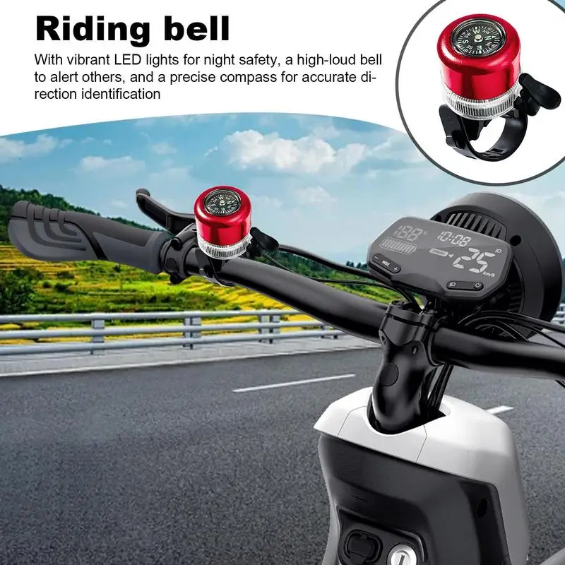 

Bike Ring Bell Compass Handlebar Bike Bell With Colorful Lights Loud Sound Ringer Waterproof Cycling Accessories Multifunctional