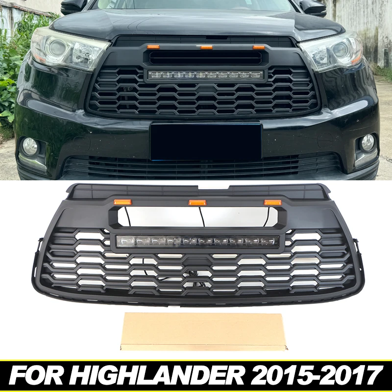 

Front Grille W/Light Bar Fits For Toyota Highlander 2015-2017 Upper Racing Grill