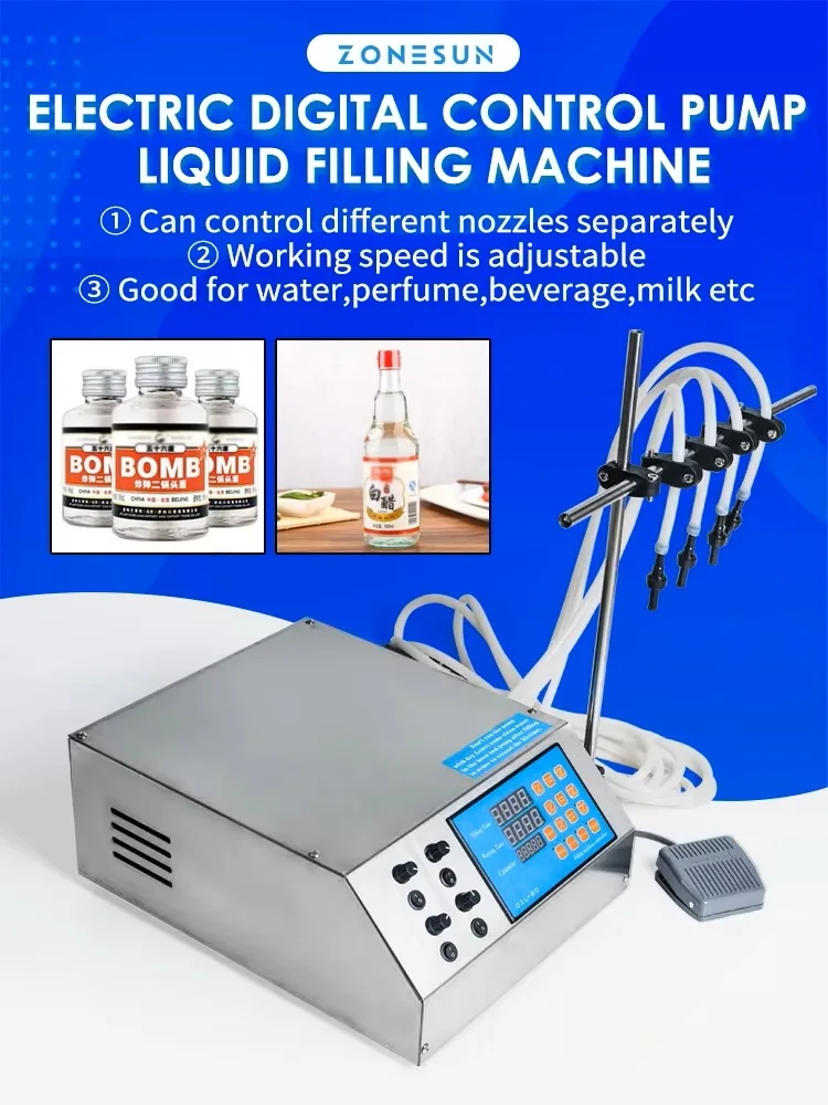 ZONESUN ZS-YTDP4 4 Heads Automatic Liquid Filling Machine Digital Control Pump Juice Water Milk Bottle Jar Filler