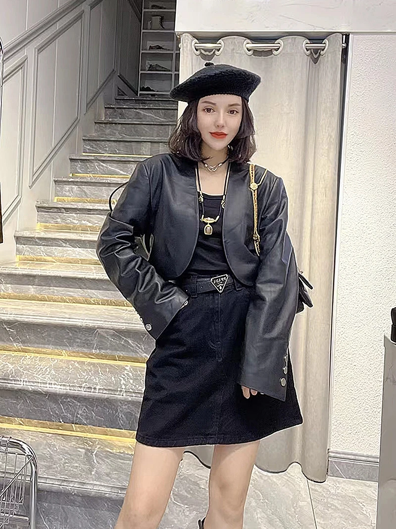 Abrigo largo Jaet de cuero ajustado para mujer, abrigo de piel auténtica de piel auténtica, diseño coreano Sle, principios de otoño 2024