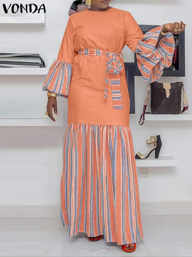 

Plus Size 5XL VONDA 2024 Elegant Long Dress Women Long Lantern Sleeve Vintage Sundress Casual Loose Belted Patchwork Maxi Robe